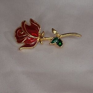 Elegant Gold and Red Rose Brooch
